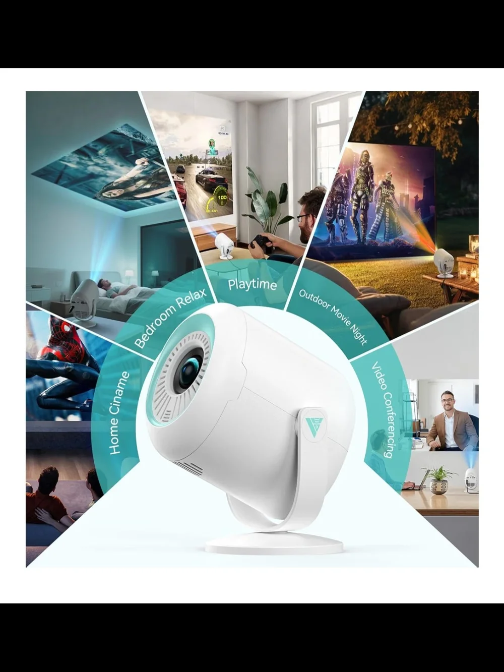 White Mini Projector for Home Theater - Portable Wireless Bluetooth